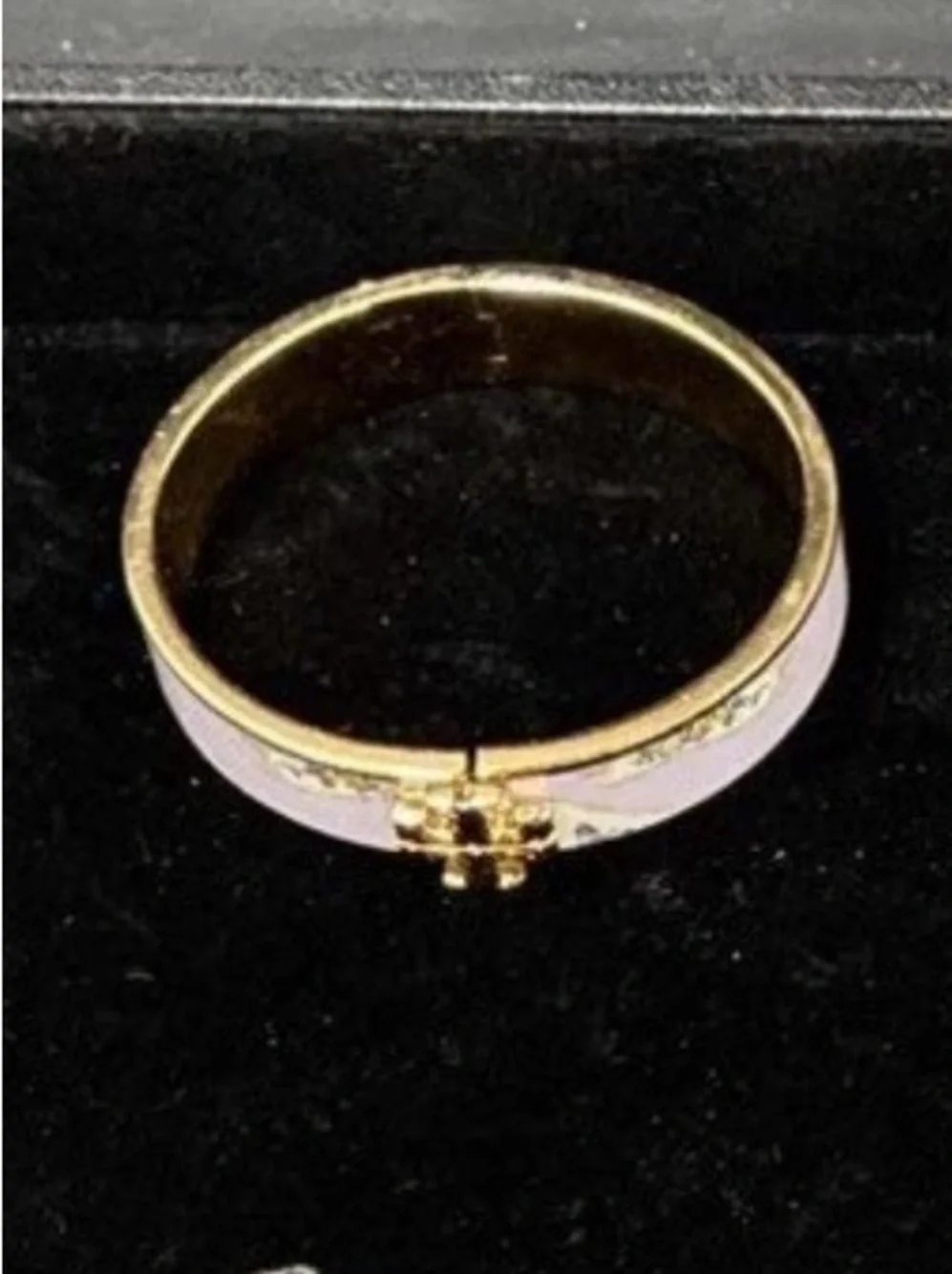 Tory Burch Gold and Light Pink Kira Floral Enamel Logo Hinge Bangle